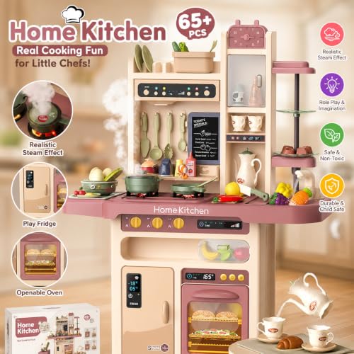 Image of Kids Kitchen Set with Pretend Play Accessories, Water Spray Cooking Effect, Toy Oven, Sink, Storage Shelves & Kitchen Utensils, Role Play Cooking Toy for Boys & Girls
