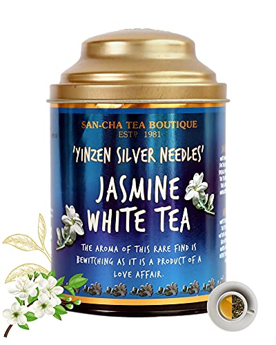 Image of Sancha Tea Boutique, Jasmine White Tea, 75g Loose Leaf, Imported Chinese Silver Needle White Tea Infused with Night-Blooming Jasmine Flowers, Premium Floral Herbal Blend