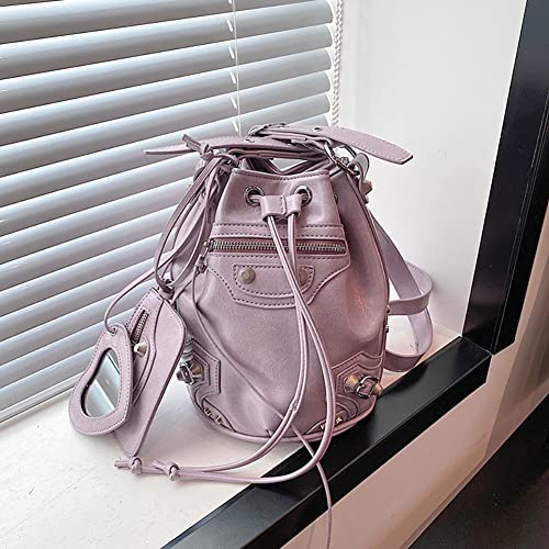 Large Capacity Bucket Bag Purses for Women, Cool Studded Punk Motocycle Crossbody Bag,PU Leather Drawstring Shoulder City Bag (Purple)2