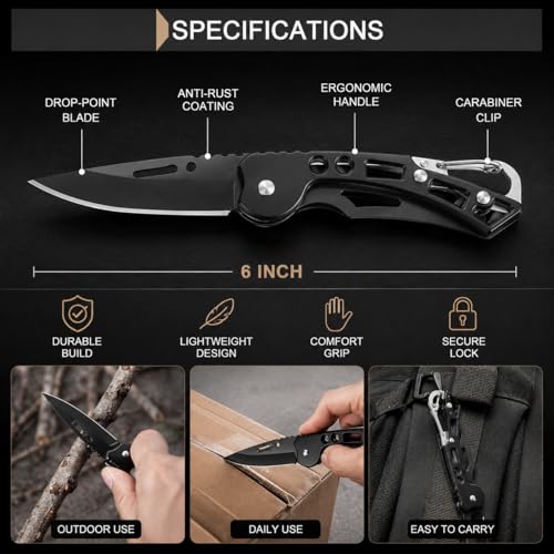 Image of Portable Foldable Pocket Knife with Precision Carbon Steel Blade, Multipurpose Cutter for Travel, Kitchen, Office & Daily Household Tasks with Grip Handle (Black)