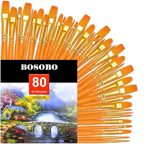 Image of BOSOBO Assorted Nylon Acrylic Artist Paint Brushes Set,Orange,80 Pcs