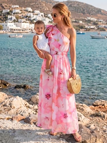 Image of ZESICA Women's 2026 Summer Floral Sleeveless Maxi Dress | One Shoulder, Sleeveless, Ruffle, High Waist, Beach Wedding Guest, Vacation, Graduation, Bridal Shower, Boho Long Dresses
