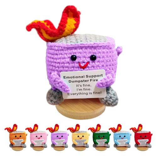 Image of Emotional Support Dumpster Fire - Positive Crochet Birthday Easter Basket Stuffers Essentials Gift for Women Men Girls Coworker Friend, Handmade Knitted Doll for Home Office Accessories Decor (Purple)