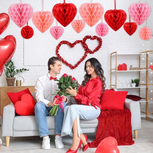 Image of BOARDFEB Valentine's Day Decorations, Engagement Party Decor, Heart Honeycomb Balls Hanging Decorations Pink, Light Pink and Red, Premium Reusable Romantic Proposal Wedding Party Decoration