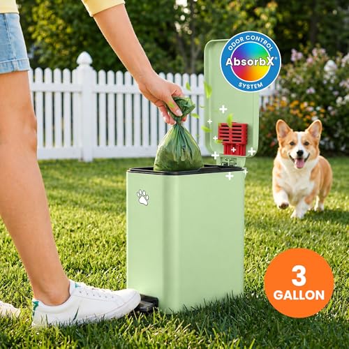 Image of iTouchless 3 Gallon / 12 Liter Outdoor Pet Waste Bin with AbsorbX Deodorizer - Stainless Steel Garbage Can with Lid & Pedal - Small Trash Can for Patio, Yard, Deck, Matte Green