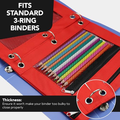 Image of 3 Ring Pencil Pouch for Binder, 2-Pocket Zipper Pencil Case with Clear Window & Mesh Pocket, 600D Oxford Fabric Binder Pouch for School Office Supplies, Fits Standard 3-Ring Binders, Red