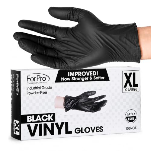 ForPro Disposable Vinyl Gloves Black Industrial Grade Powder-Free Latex-Free Non-Sterile Food Safe 2.75 Mil. Palm 3.9 Mil. Fingers X-Large 100-Count