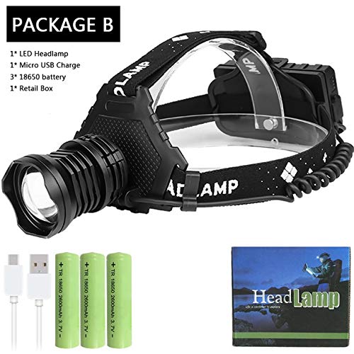 Lampe Frontale Puissante Led Lampe frontale Lampe frontale 8000LM USB rechargeable phare pêche étanche lumière utilisation 18650 (Emitting Color : Package B)