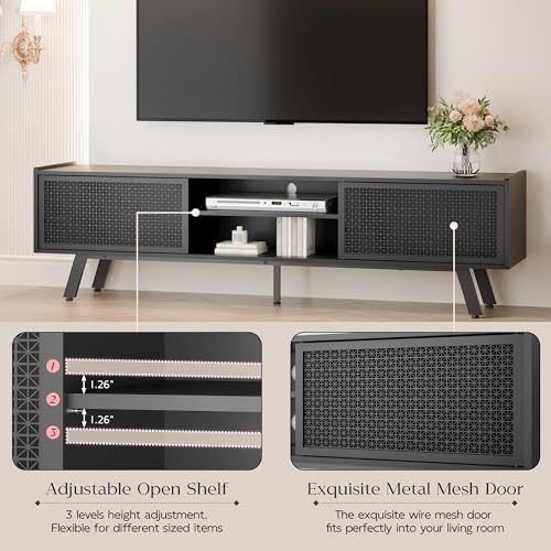 Buytime Black TV Stand for 65 70 Inch TV, Modern Iron Rattan TV Console with Sliding Door, Entertainment Center with Storage and Adjustable Shelves, Media Console for Living Room and Bedroom