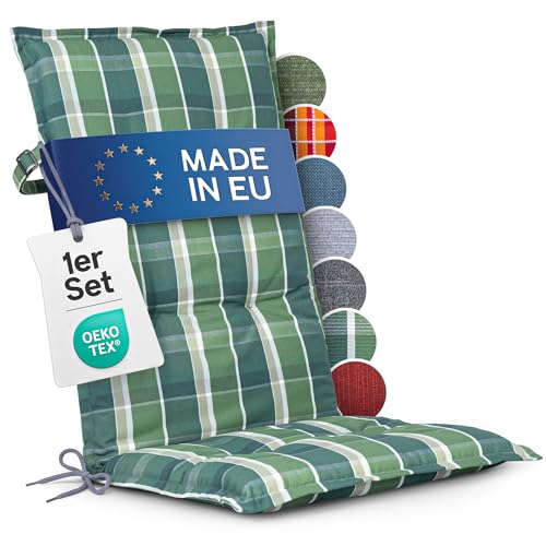 Hochlehner Auflagen 1er Set - 120x50 cm - Gartenstuhlauflagen Sitzauflagen - Oeko-Tex zertifiziert - Hochlehner Polster - Gartenstuhl Stuhlauflagen mit Befestigung - Made in EU - Grün-Kariert