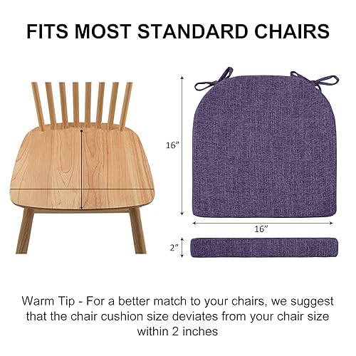 Image of Wellsin Chair Cushions for Dining Chairs 4 Pack - Kitchen Chair Cushions with Ties and Non-Slip Backing - Dining Chair Pads 16 inchX16 inchX2 inch, Purple