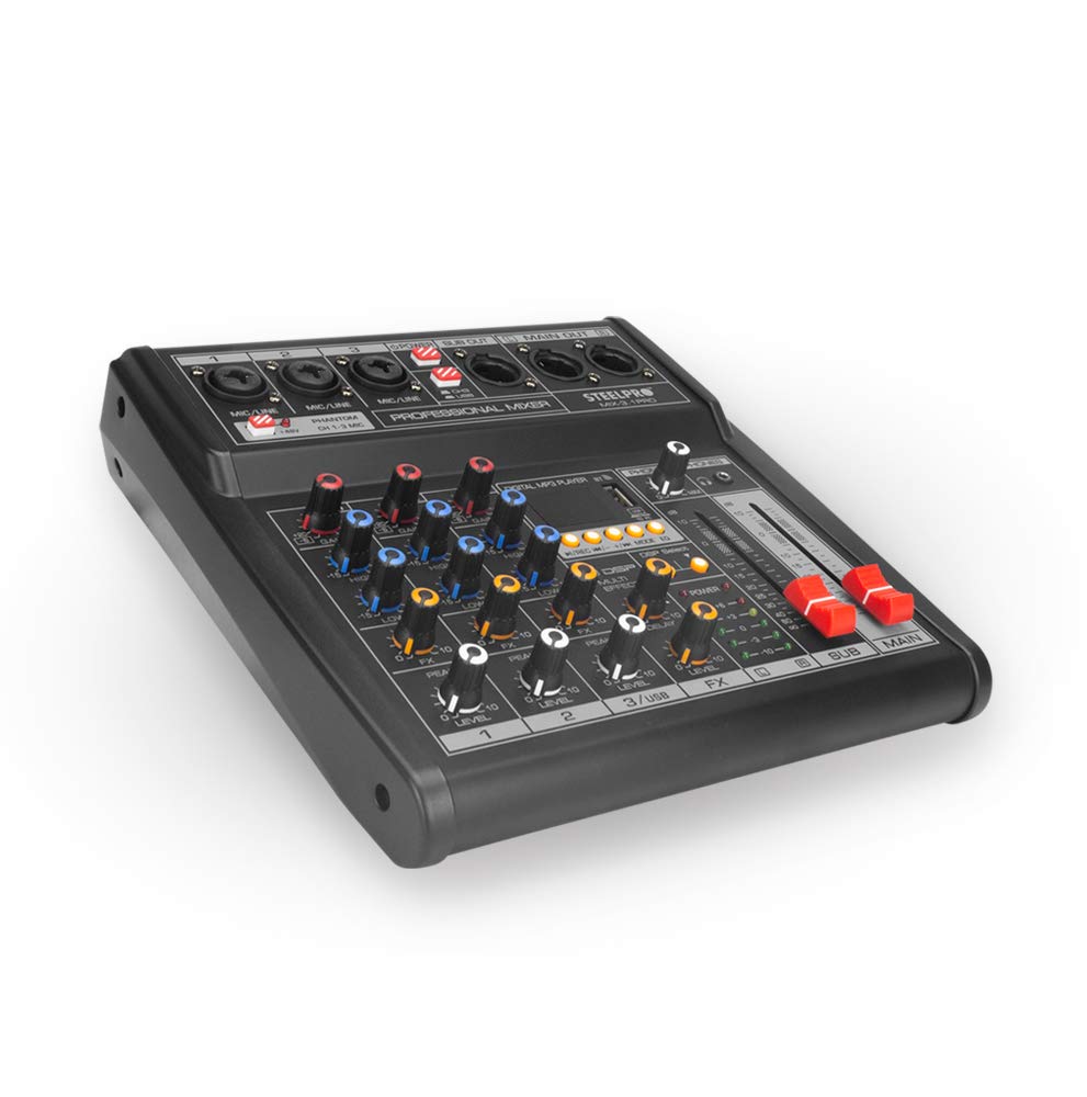 STEELPRO MIX-3.1PRO mixer highlighting USB connection to a computer for recording and playback, and Bluetooth connectivity.