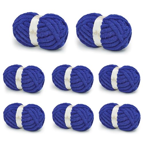 BATELO Chunky Yarn for Hand Knitting Chunky Chenille Blanket Yarn for Crocheting Bulky Soft Fluffy Chenille for Blanket Project 8 Pack of 8oz/25yds Klein Blue