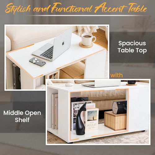Image of ABOUT SPACE Coffee Table - Portable Wooden Centre Table with Open Storage - Furniture - Sofa /Tea /Teapoy for Living Room, Home, Office (White - L 80 x B 40 x H 42 cm)