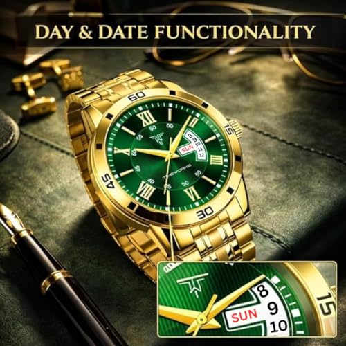 Image of TIMEWORKS Stainless Steel Designer Golden Round Shape Day & Date Dial Men's & Boy's Analog Watch, Band Color:Gold