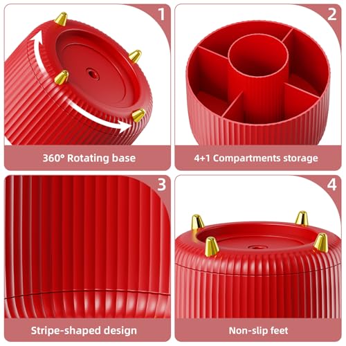 Image of Marbrasse Desk Organizer, 360-Degree Rotating Pen Holder for Desk, Desk Organizers and Accessories with 5 Compartments Pencil Organizer, Art Supply Storage Box Caddy for Office, Home (Red)