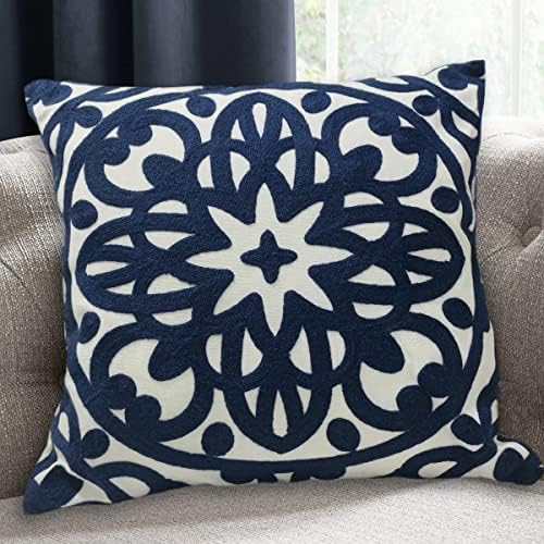 Alysheer Embroidered Decorative Throw Pillow Cover 18x18 inch, Cozy Warm Boho Mandala Chic Knit Pattern Durable 100% Cotton Canvas Cushion Case for Sofa Couch Living Room Bedroom Gifts (Navy Blue)