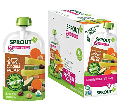 Sprout Organic Baby Food, Stage 2 Pouches, Carrot & Chickpea Plant Powered Protein, 3.5 Oz Purees (Pack of 12)