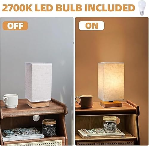 Nachttischlampe, Tischlampe mit Kabelschalter, Lampenschirm aus Leinenstoff Holzsockel Tischlampe Lampe, Modern Tischleuchte Mit Glühbirne für Schlafzimmer, Wohnzimmer, Schreibtisch, Kinderzimmer