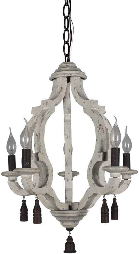 Gеt Chеар Prісе DOCHEER Vintage Rustic Metal Wooden Chandelier Distressed White Farmhouse 5- Lights Wooden Chandeliers Pendant Lighting Fixtures for Dining Room, Bedroom, Living Room, Bathrooms Lighting