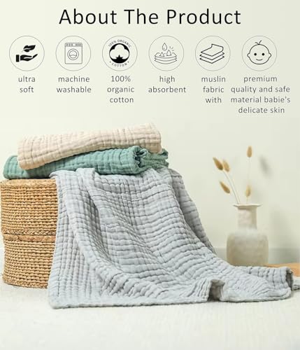 Image of Little Boo Muslin 6 Layer Organic Cotton Face Towels for Newborn Baby Extra Soft Hankies Reusable Napkins for Infants Toddlers /Kids (Pack of 5). Multicolor