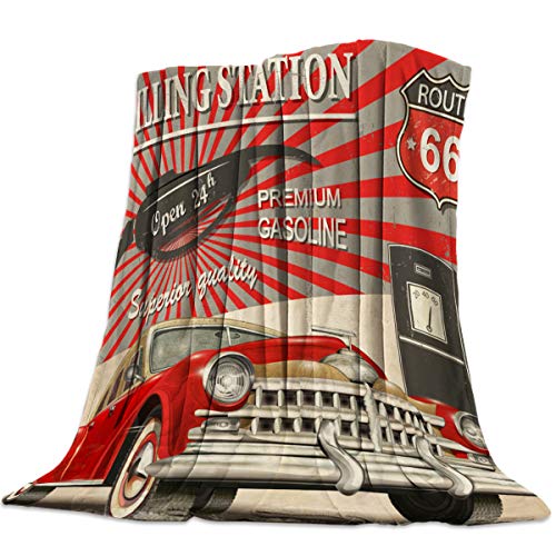 Singingin Ultra Soft Flannel Fleece Bed Blanket Vintage Car Filling Station Route 66 Throw Blanket All Season Warm Fuzzy Light Weight Cozy Plush Blankets For Living Room/Bedroom #TOP9