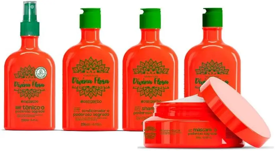 Kit Poderoso Segredo + Tônico Crescimento Capilar Divina Kit com Condicionador, Tônico, Shampoo, Leave-in e Máscara Capilar