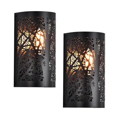 Image of Rustic Wall Sconces Set of 2, Hardwired Matte Black Metal Tree Shadow Industrial Wall Light Fixtures, 1-Light E26 for Bedroom Hallway Cabin