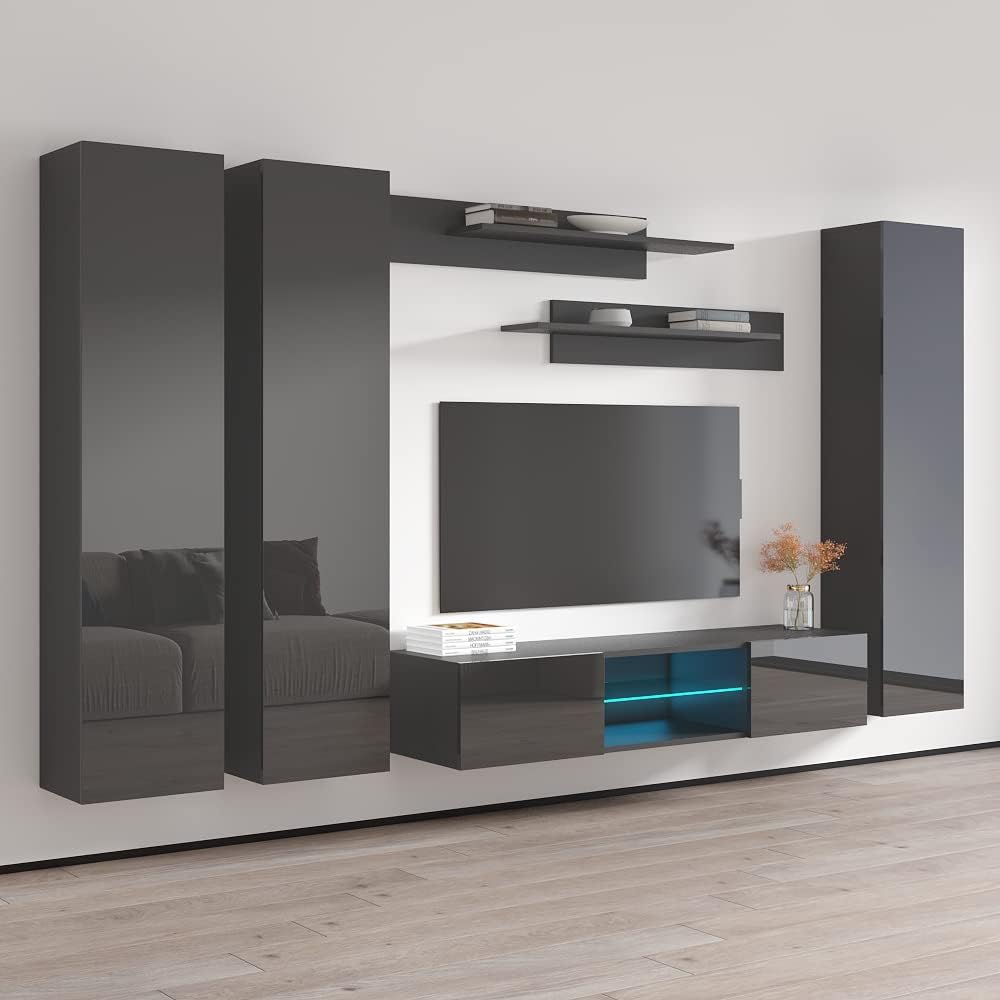 Meble Furniture Fly CD1 33TV Stand Wall-Mounted Entertainment Center — Floating Design with Storage Shelves and LED Lighting — Modern High Gloss, 65.7 x 16.5 x 11.8 in — Grey