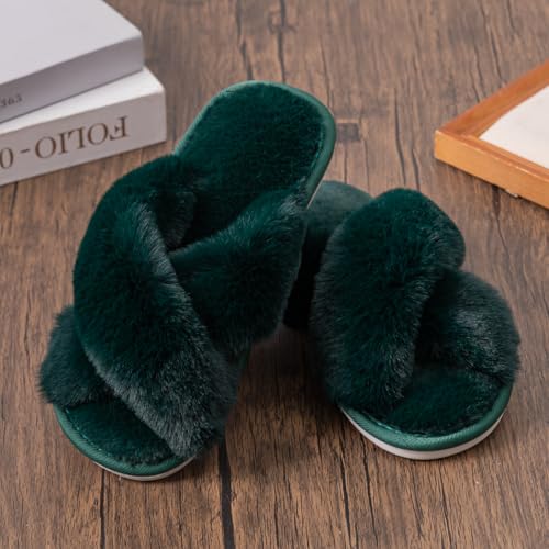 Image of Enteer Women's Slipper Memory Foam Cross Band Fuzzy Slippers Open Toe Cozy House Slippers Cozy Plush Bedroom Indoor Outdoor
