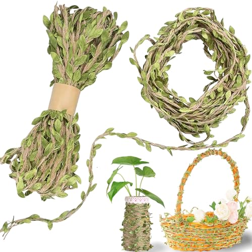 Artificial Vine Greenery Garland,20 Metros Cuerda de Yute Natural con Hojas Artificiales Cinta de Arpillera Natural Cuerda de Cañamo Decorada para Fiesta,Boda,Decoración de Jardín(2 Rollos)