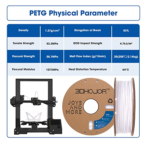 Image of 3DHoJor PETG Filament 1.75mm White, 3D Printing Filament 1kg Spool(2.2lbs), 3D Filament 1.75mm Dimensional Accuracy + /- 0.03mm Non Tangling Non Clogging Non Stringing,Print with Most 3D Printers
