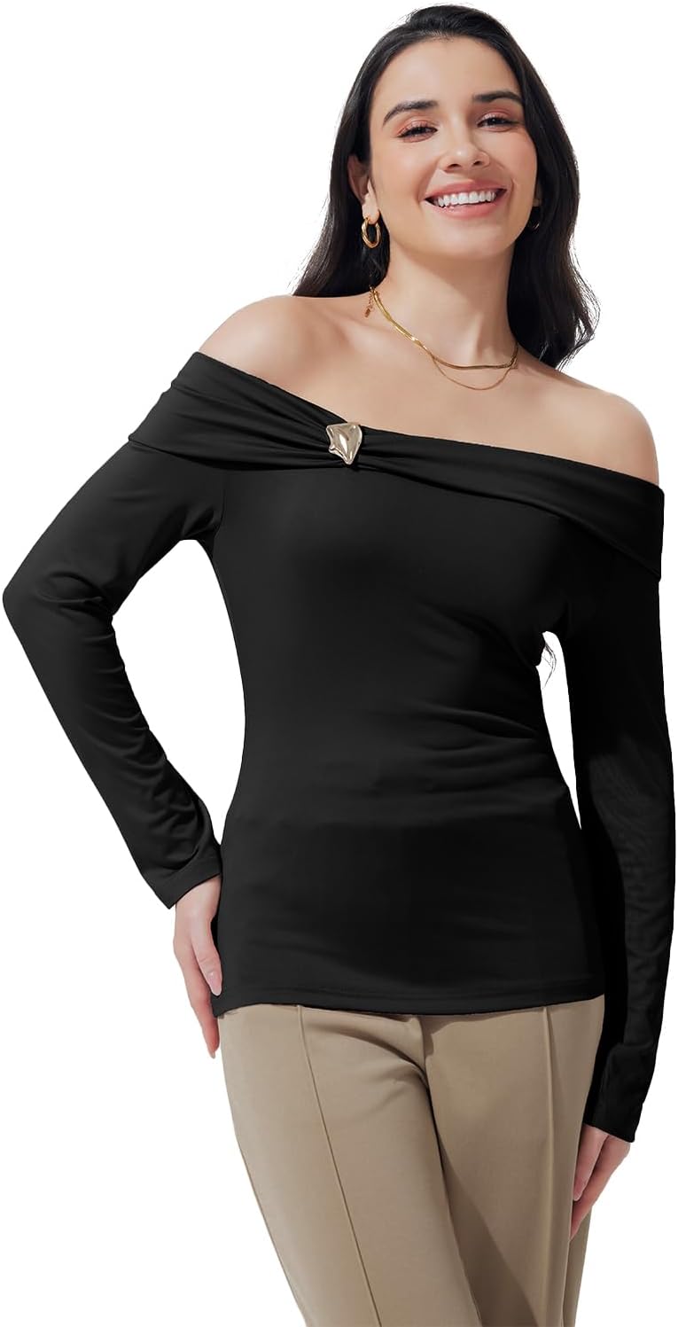 FASHIONSPARK Women’s Off Shoulder Long Sleeve Top, Elegant Asymmetrical Neck Ruched Blouse with Metal Accent