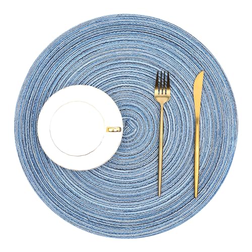 Image of SHACOS Round Braided Placemats Set of 4 Dining Table Placemats 15 inch Circle Place Mats Easy to Clean Table Mats Indoor Outdoor, Blue Gray