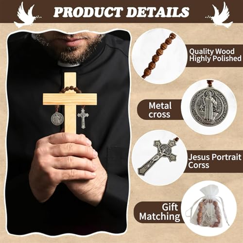 Image of Bovemee Saint Benedict Medal Prayer Pocket Rosary Catholic Brown Wood Beads with Medalla de san benitol and Crucifix, 9 Inch