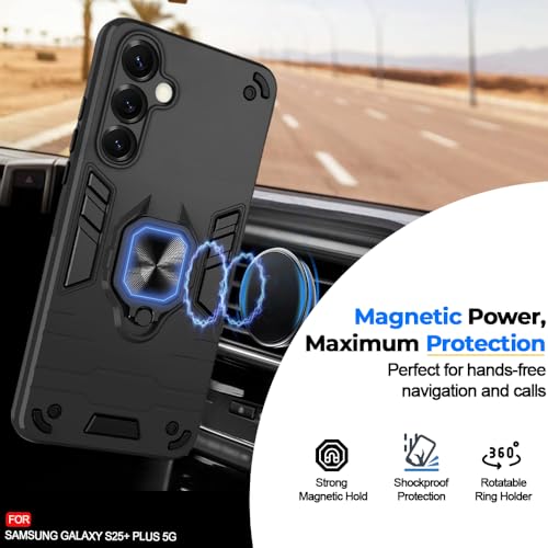 Image of AESTMO Samsung Galaxy S25 Plus 5G Back Case Cover | Tough Armor Bumper | Ring Holder & Kickstand in-Built | 360 Degree Protection Cover for Samsung Galaxy S25 Plus 5G (Black)