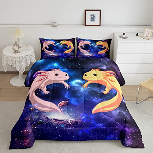 Feelyou Cute Axolotl Bedding Set Galaxy Axolotl Comforter Set for Kids Boys Girls Universe Outer Space Duvet Set Coastal Axolotl Comforter 1 Comforter Set with 2 Pillowcases King Size Boys