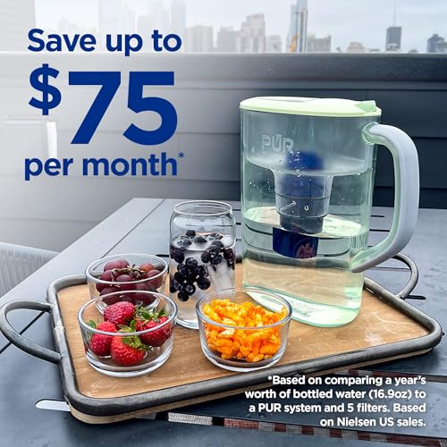 PUR 7-Cup Water Pitcher, 1 Genuine Filter, Cleaner, Great-tasting Water, Dishwasher Safe, Powerful, Faster Filtration, LockFit Cap Design - Lime