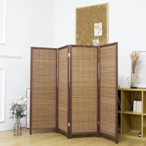 4 Panel Short Panel Divider Screen,3.95 FT Tall Bamboo Room Divider Folding Privacy Screen,Short Panel Divider Freestanding Room Divider for Room Seperation,Brown
