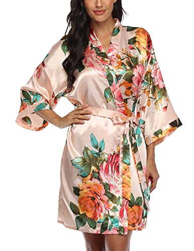 Image of VOGMATE Floral Silk Robes for Women Short Satin Kimono Bride Bridesmaid Robes Bathrobe