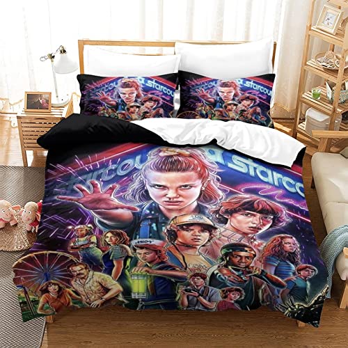 SEMAZA Strange ThingBettwäsche-Set 3D Print Dreiteiliger Bettbezug Set Microfaser Kissenbezug 3 Teilig Mit Reißveschluss, Weiche Bequemer Single(135x200cm) Cover