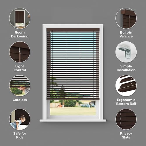 Image of Lumino 2 inch Flat Slat Faux Wood Blinds, 33.75 inch W x 60 inch L Walnut