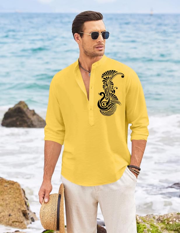 Image of FINIVO FASHION Men's Printed Cotton Blend Short Kurta with Artistic Chest Design | Stylish Full Sleeve Casual Kurta with Mandarin Collar for Daily, Travel Soft Textured