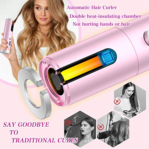 Cordless Auto Hair Curler, Automatic Curling Iron with 6 Temperatures & Timer Settings & Auto Shut-Off Portable Rechargeable Anti-Tangle Hair Curling Iron Wand for Hair Styling Anytime Anywhere (pink)