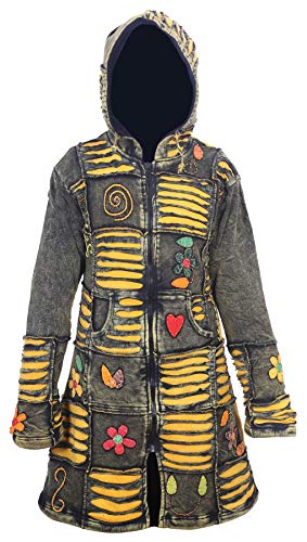 Women's Zip Up Hooded Jacket Yellow Floral Embroidery Boho Patchwork Razor Cut Stone Wash Hippy Long Coat