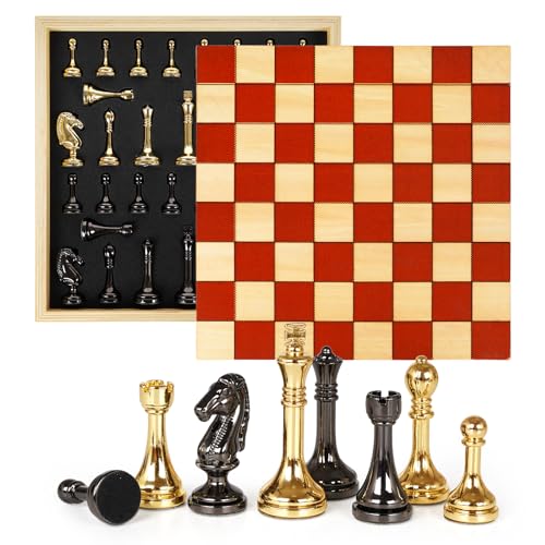 Metal Chess Set for Adults & Kids with Metal Chess Pieces –Wooden Chess Board Game with Portable Storage Case, Classic Strategy Family Board Game Gift Travel Chess Set