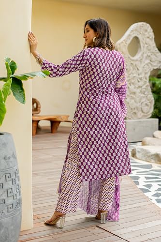 Image of MIRCHI FASHION Women's Straight Fit Pure Cotton Embellished Floral Printed Kurta Set with Dupatta and Trouser