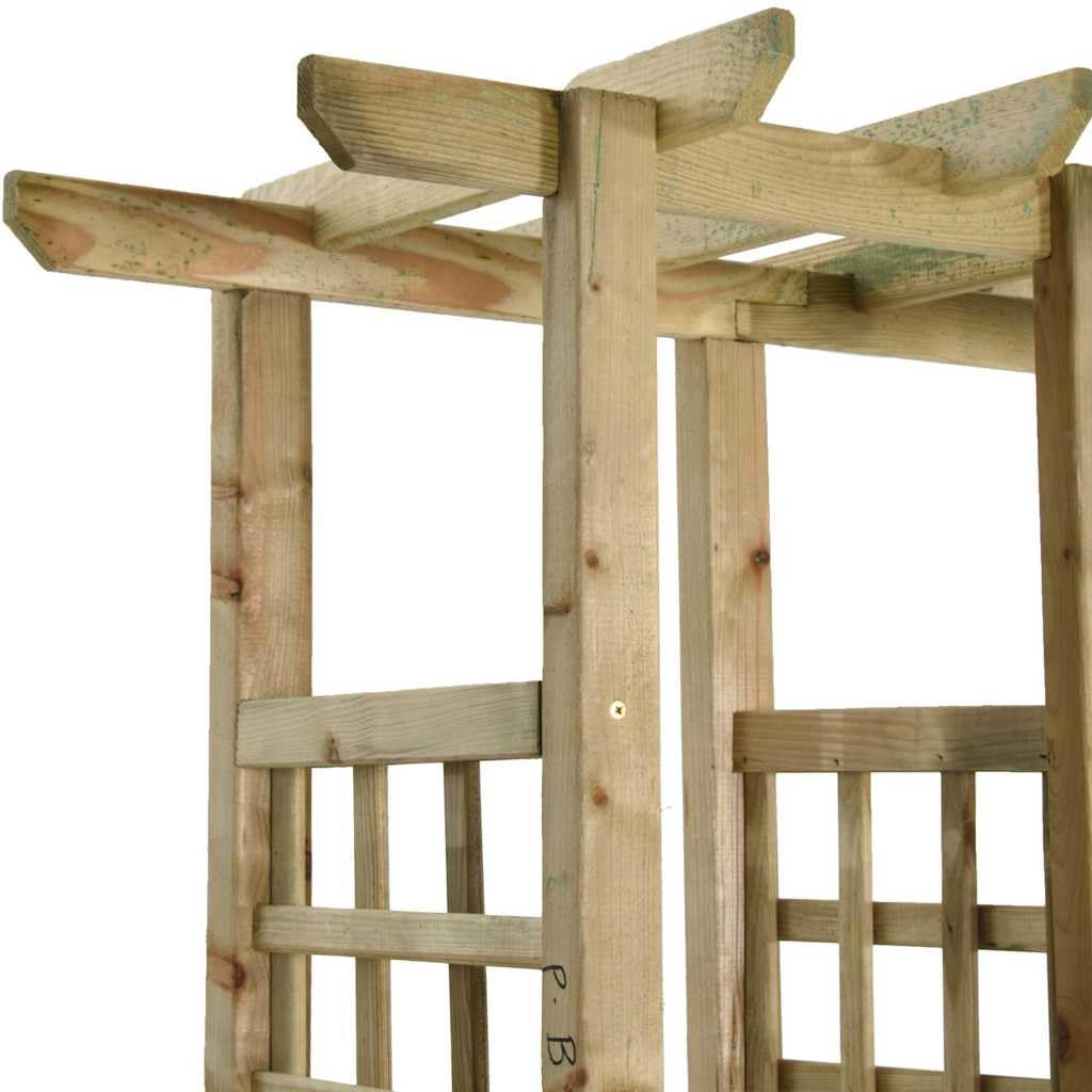 Pérgola de pino macizo con banco y dos macetas para plantas trepadoras, arco de jardín impregnado como zona de estar