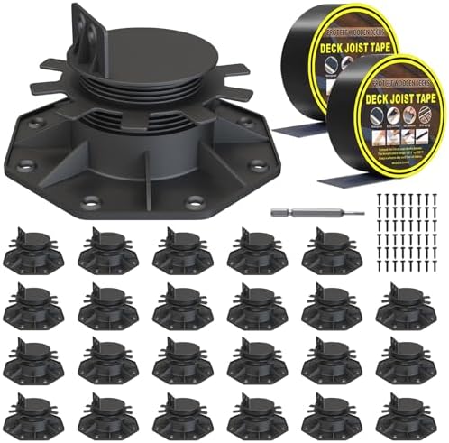 24-Pack Adjustable Deck Support Bases - Heavy-Duty Waterproof & Rust-Proof Base Blocks for Garden/Outdoor Decks, 1.38"-2.56" Height Adjustment with Joist Tape