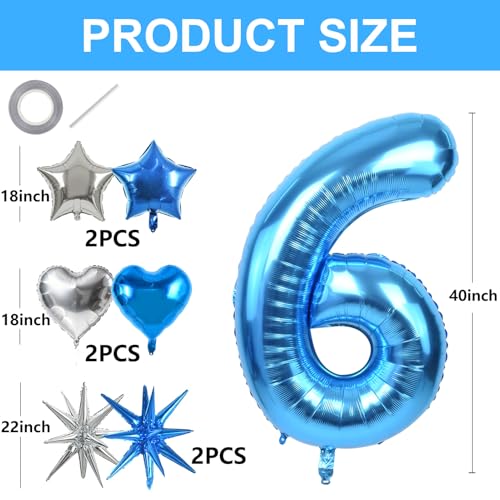 Image of TONIFUL 6th Birthday Balloons Kit 40 Inch Blue Large Number 6 Foil Balloon | with 18Inch Helium Mylar Heart Star Shaped Balloons for Boy Men Birthday Anniversary Graduation New Year Eve Party Decoration